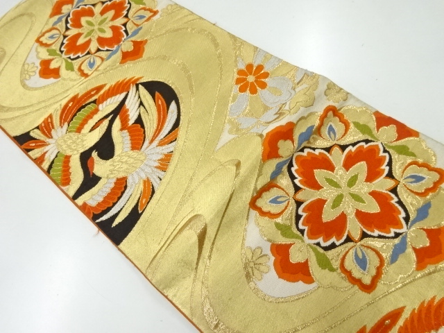 アンティーク　華紋に向かい鳥模様織出し袋帯（材料）